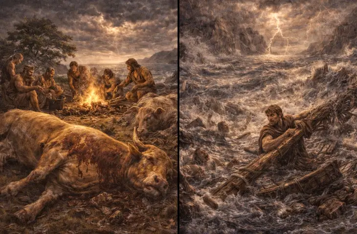 Helios’un kutsal sığırlarının kesilmesi ve ardından Zeus’un fırtınasıyla Odysseus’un gemisinin yok oluşunu betimleyen mitolojik sahne; şölen ateşi, kurban edilen sığırlar ve denizde hayatta kalma mücadelesi görülüyor.